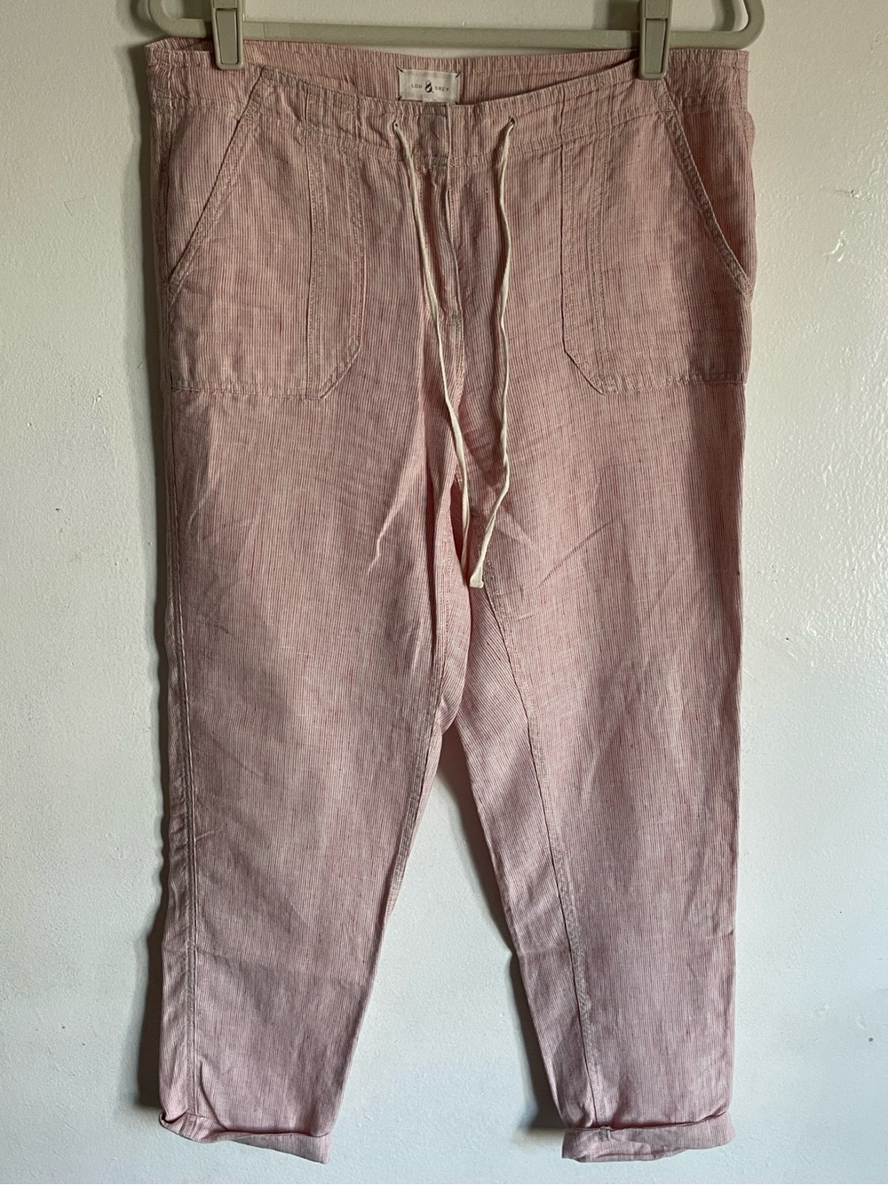 Lou & Grey 100% Linen Coastal Vacation Pink Striped Drawstring Pants Size M